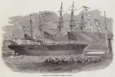 Stapellauf eines Kriegsschiffes in der Limehouse-Werft